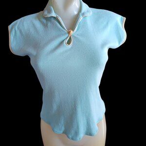 Vintage Women's Small Top 70's Disco Buttery Blue Fitted Cap Sleeve Keyhole